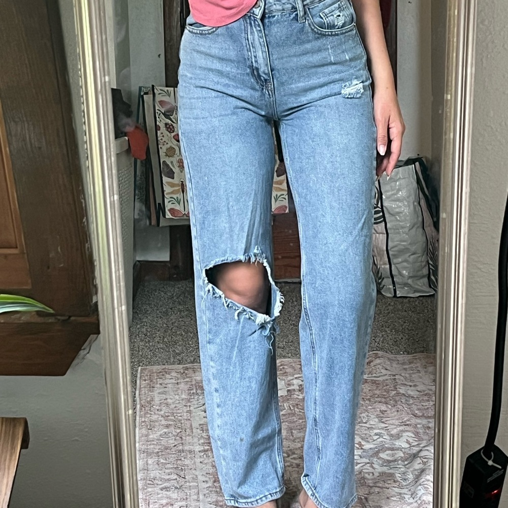 SHEIN Light Blue Ripped Straight Leg Jeans